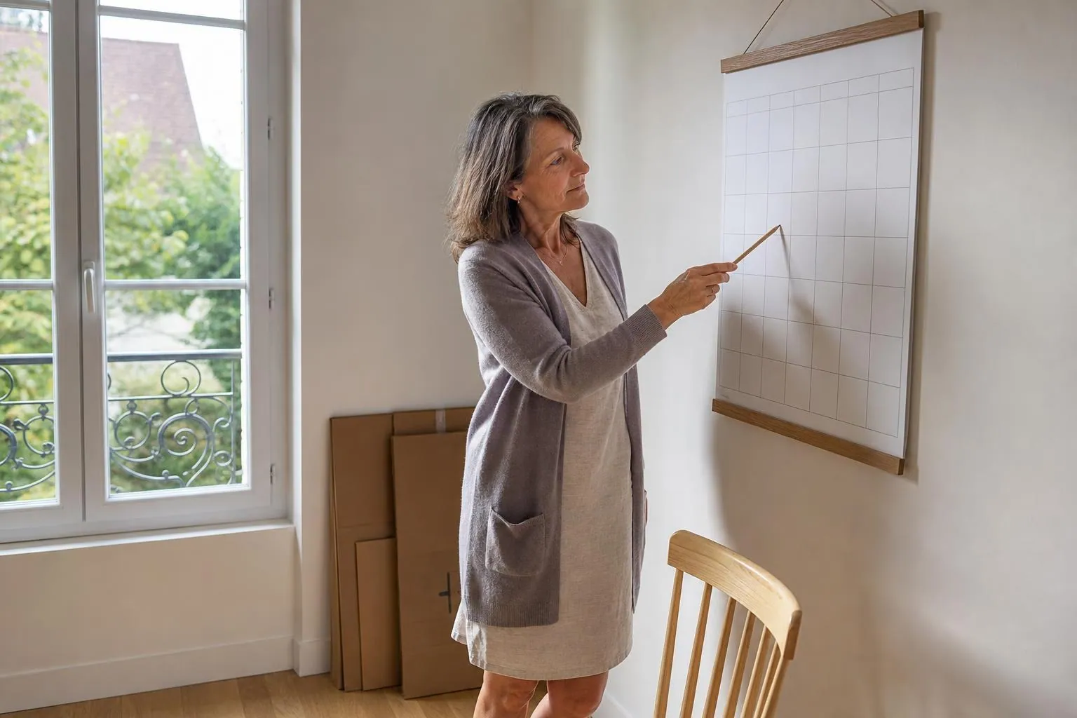 Femme de la cinquantaine annotant au crayon un calendrier mural en papier dans une pièce claire, cartons pliés contre le mur