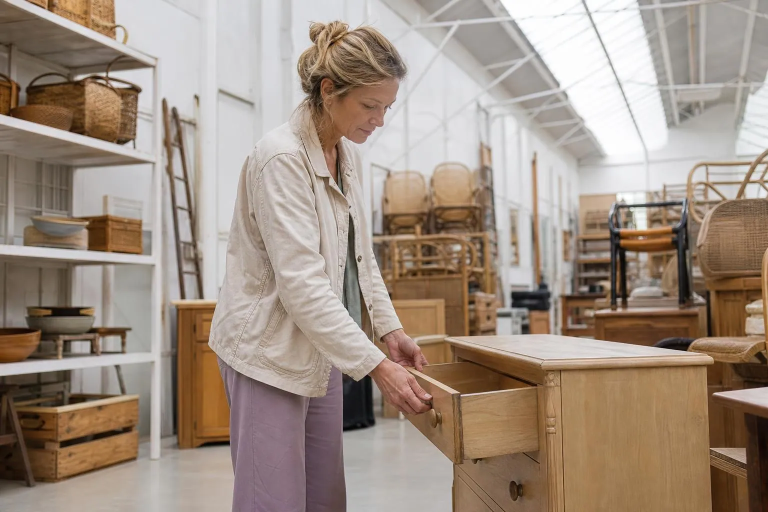 Femme d’une quarantaine d’années ouvrant le tiroir d’une commode en bois blond dans la halle claire d’une ressourcerie
