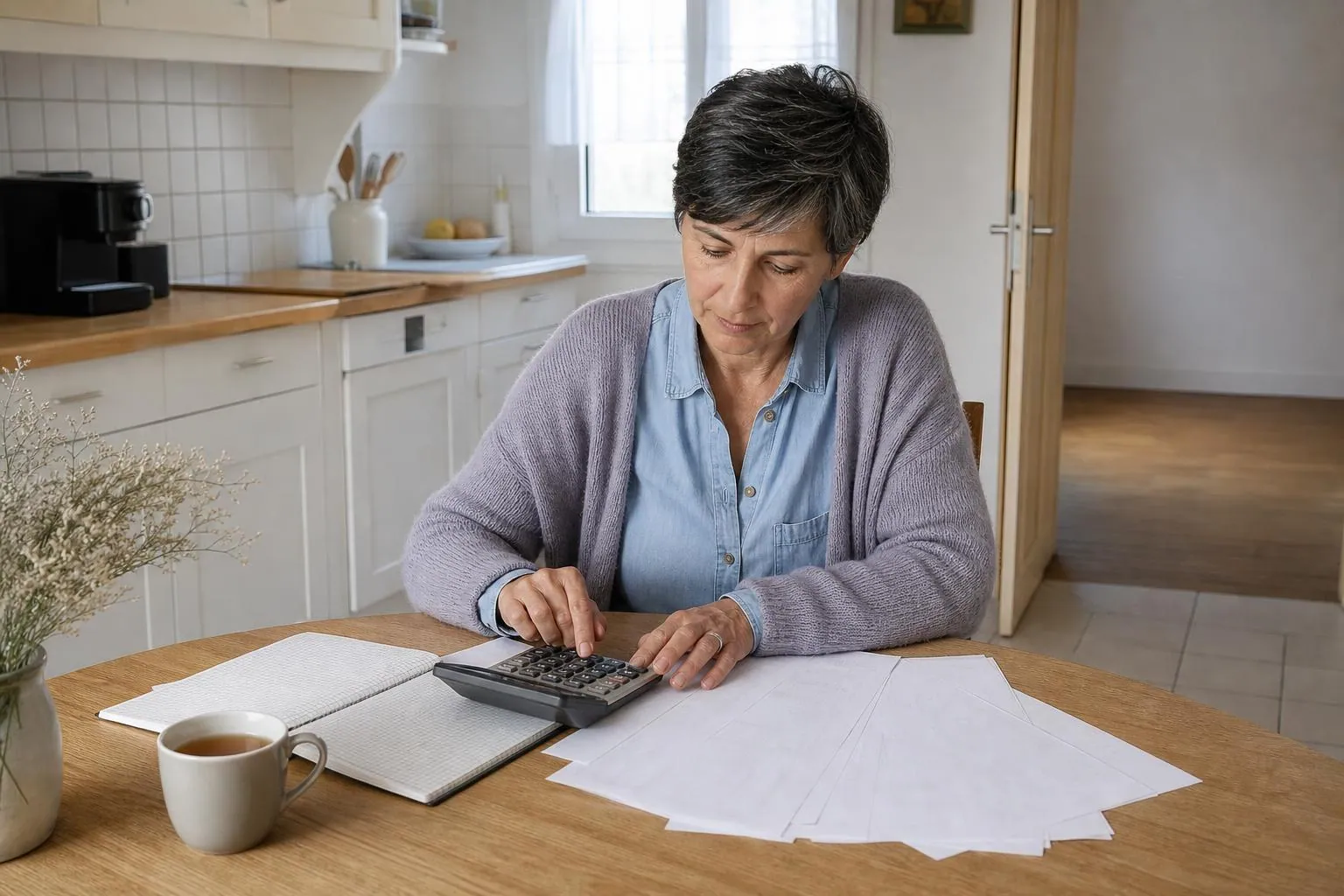 Femme de la cinquantaine attablée dans une cuisine claire avec des feuillets, une calculatrice et un carnet, porte ouverte sur une pièce vide