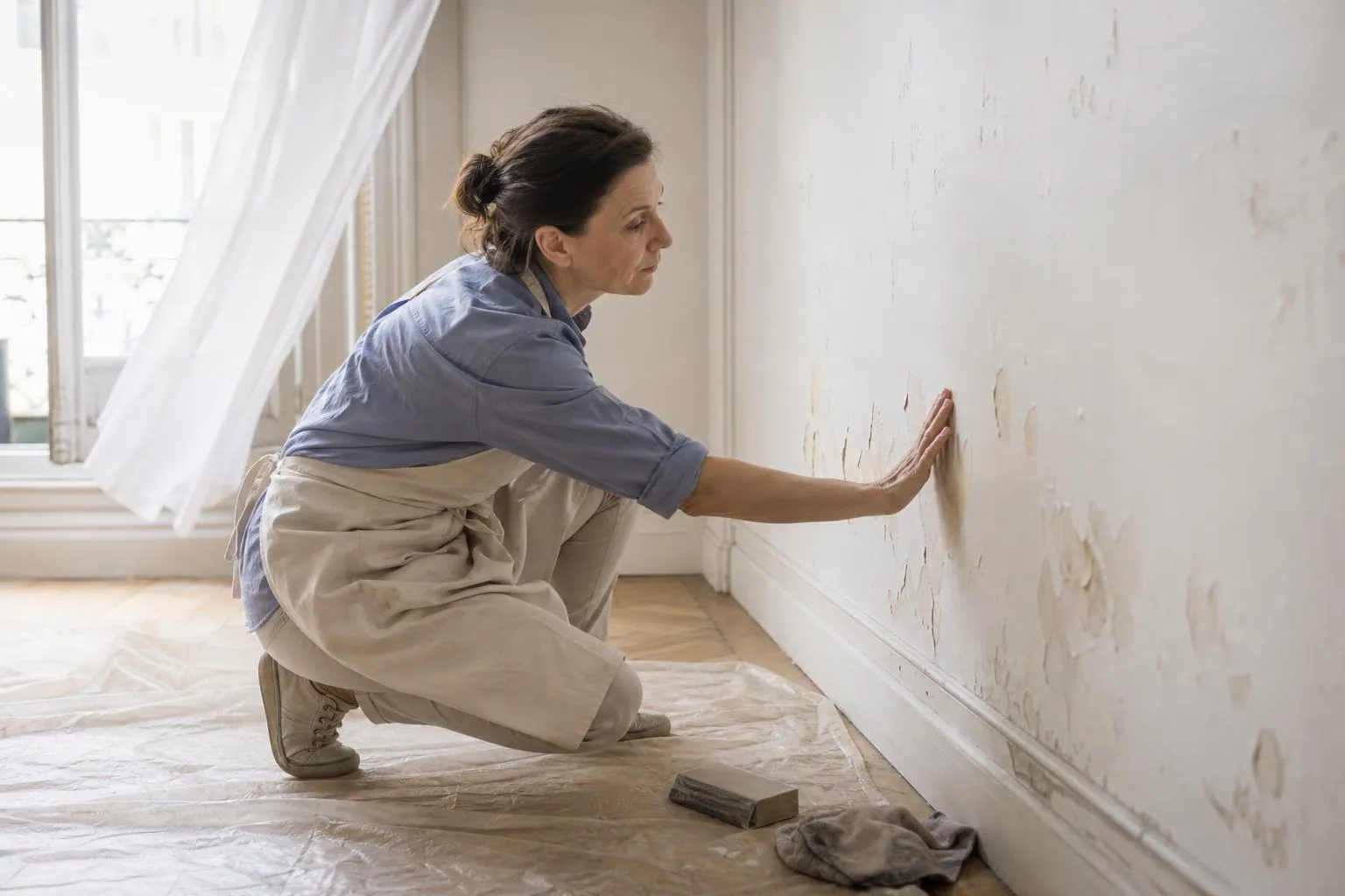 Femme de la cinquantaine accroupie devant un bas de mur écaillé, main posée à plat, dans une chambre ancienne aux fenêtres ouvertes