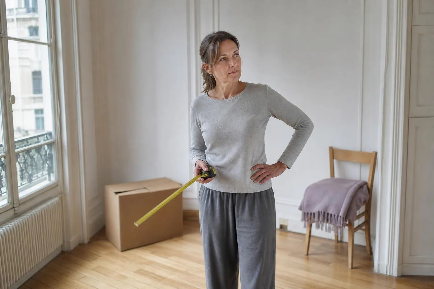 Femme de la cinquantaine debout dans une chambre presque vide, mètre ruban déroulé, parquet en bois blond et murs blanc neige