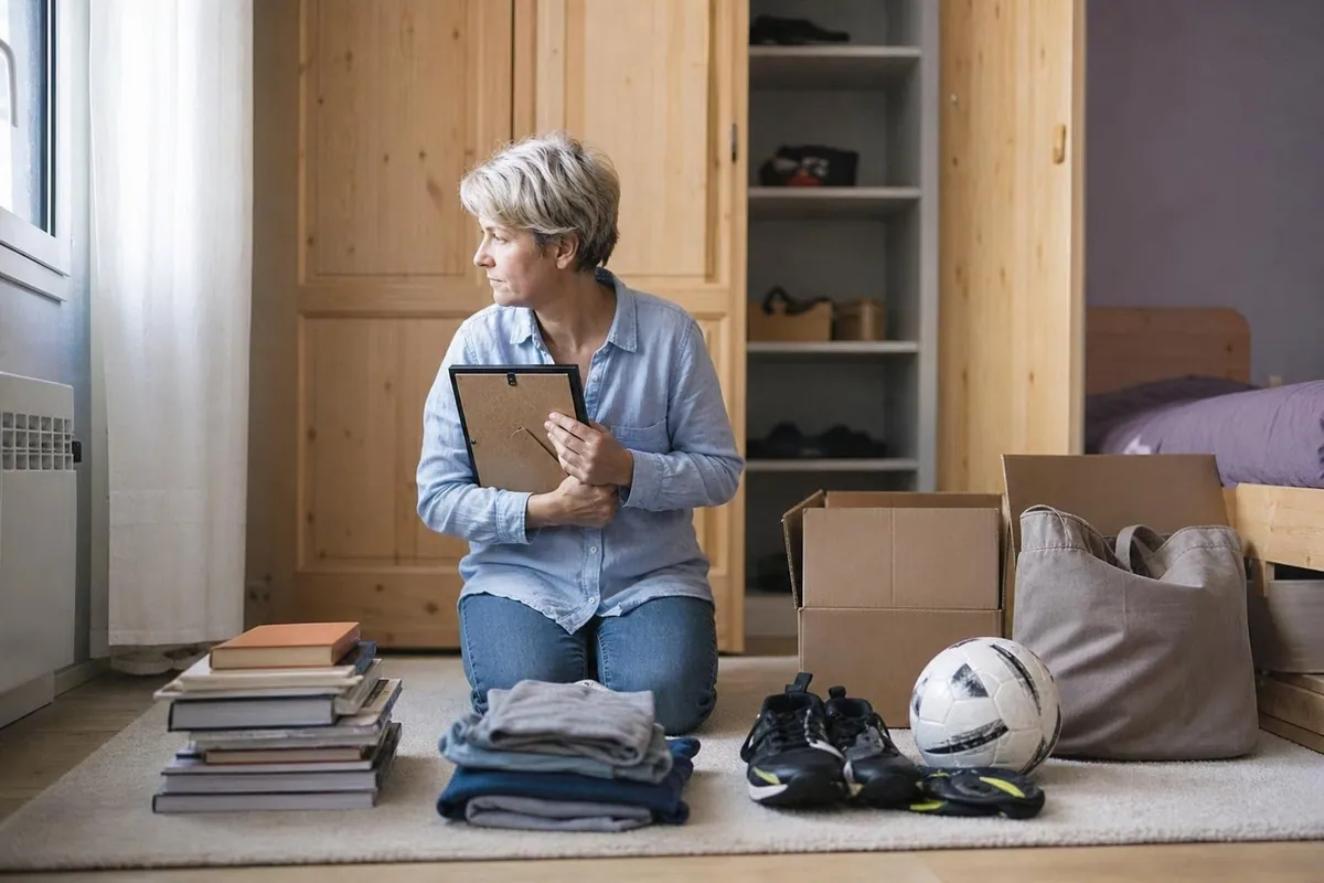Femme de la cinquantaine agenouillée sur un tapis clair, triant livres, textiles et objets en trois piles devant deux cartons ouverts